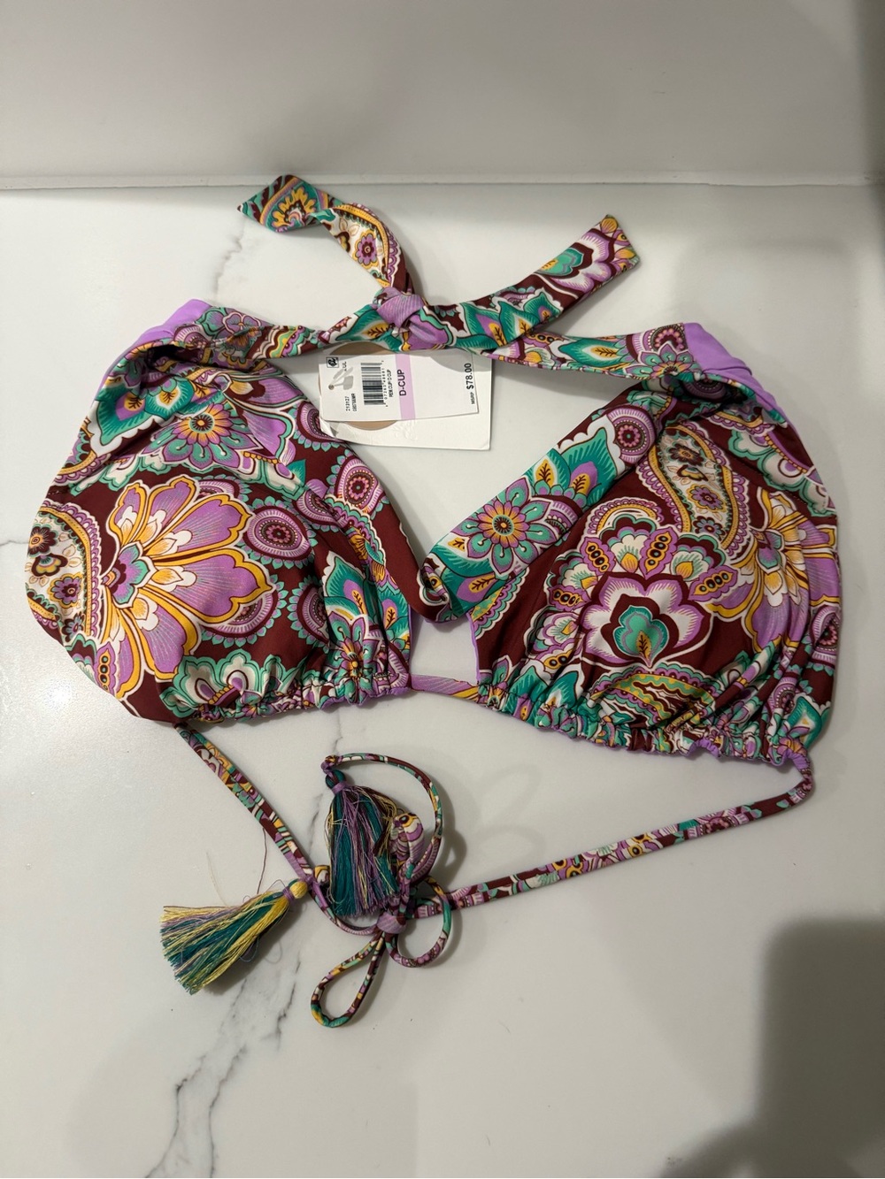 NWT BECCA Purple & Teal Paisley Triangle Bikini Top D cup